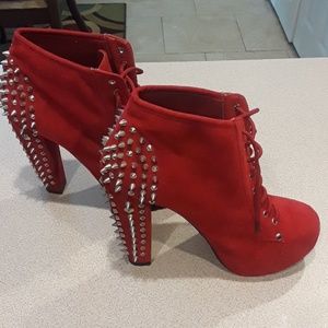 Red suede spike ankle booties